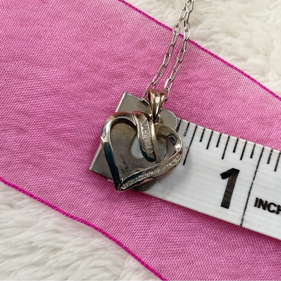 10K White Gold Heart Pendant Baguette & Round Accents 14K White Gold Chain 16” - Picture 11 of 16